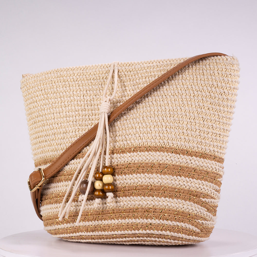 Bolso pequeño de paja con borla decorativa de cuentas de madera – 25 × 18 × 10 cm 3 