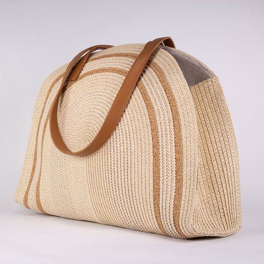 Bolso grande de paja con asas de piel sintética – 37 × 30 × 12 cm