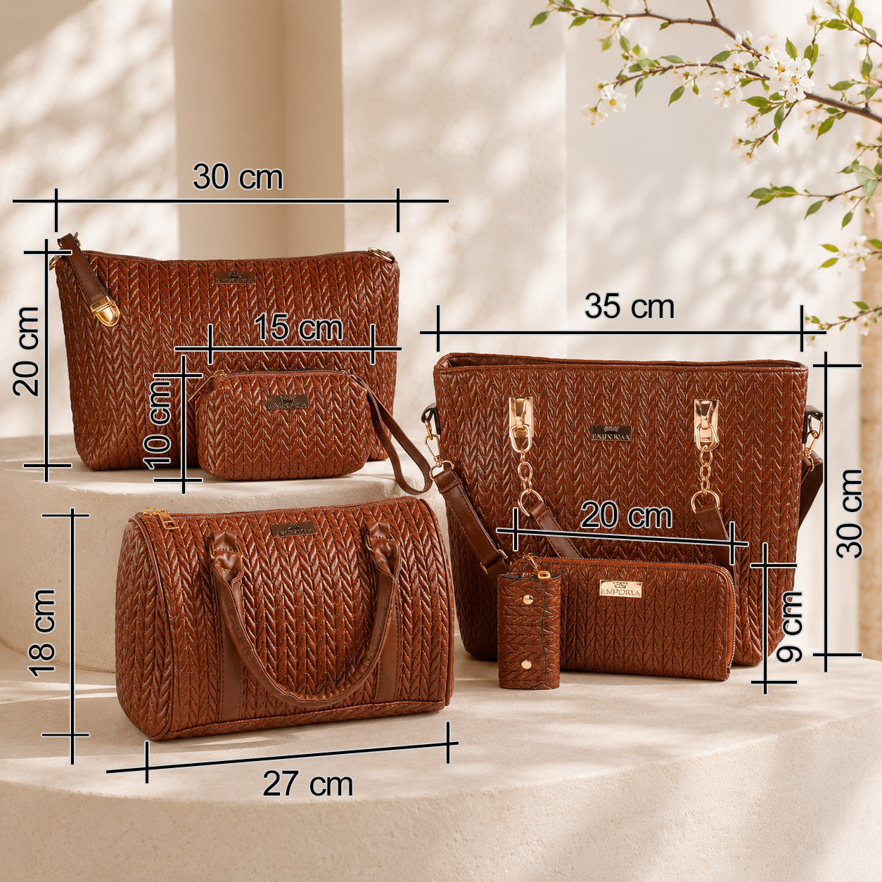 Colección Primavera 2026 de Emporia - "Choco Lux", juego de 6 bolsos; piel sintética, marrón.