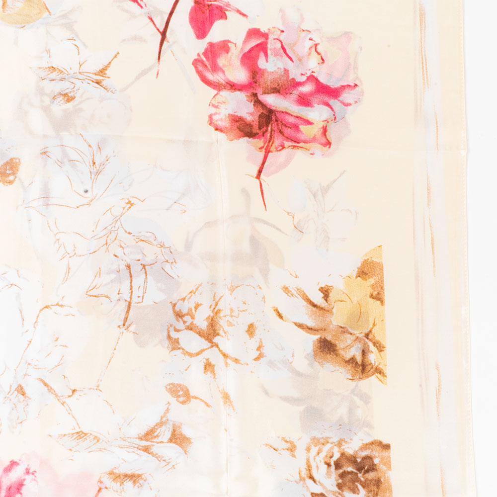 Bufanda floraciones y letras, 85 x 180 cms, blanco, 100% seda vegana