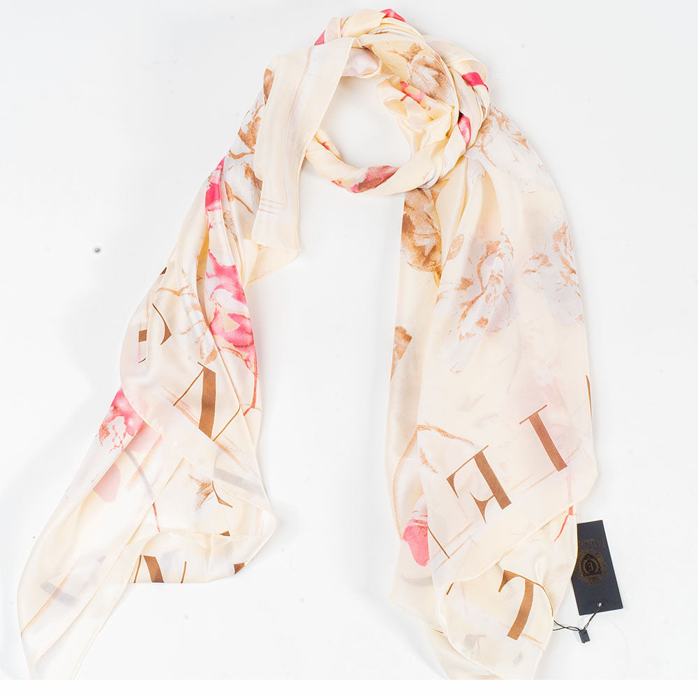 Bufanda floraciones y letras, 85 x 180 cms, blanco, 100% seda vegana 5 