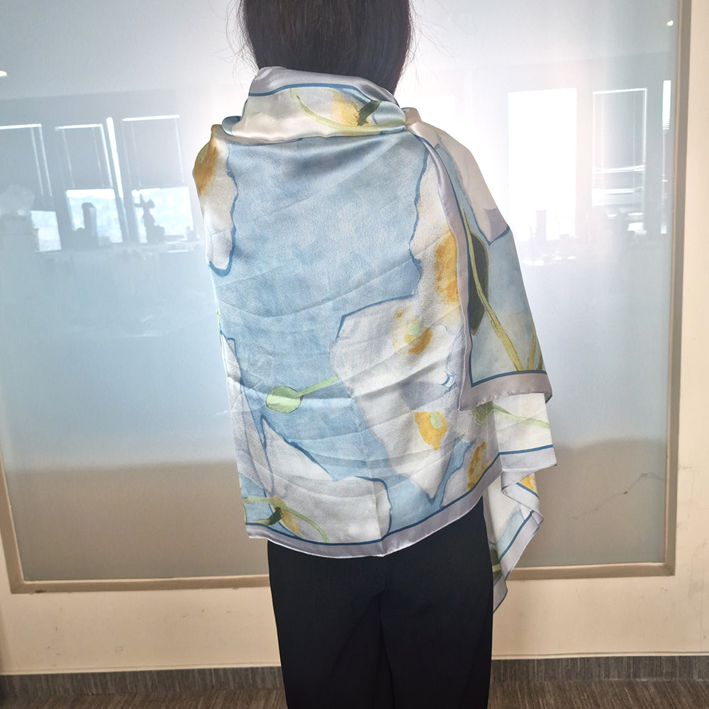 Bufanda jardín lúcido, 85 x 180 cms, azul claro,  100% seda vegana 7 