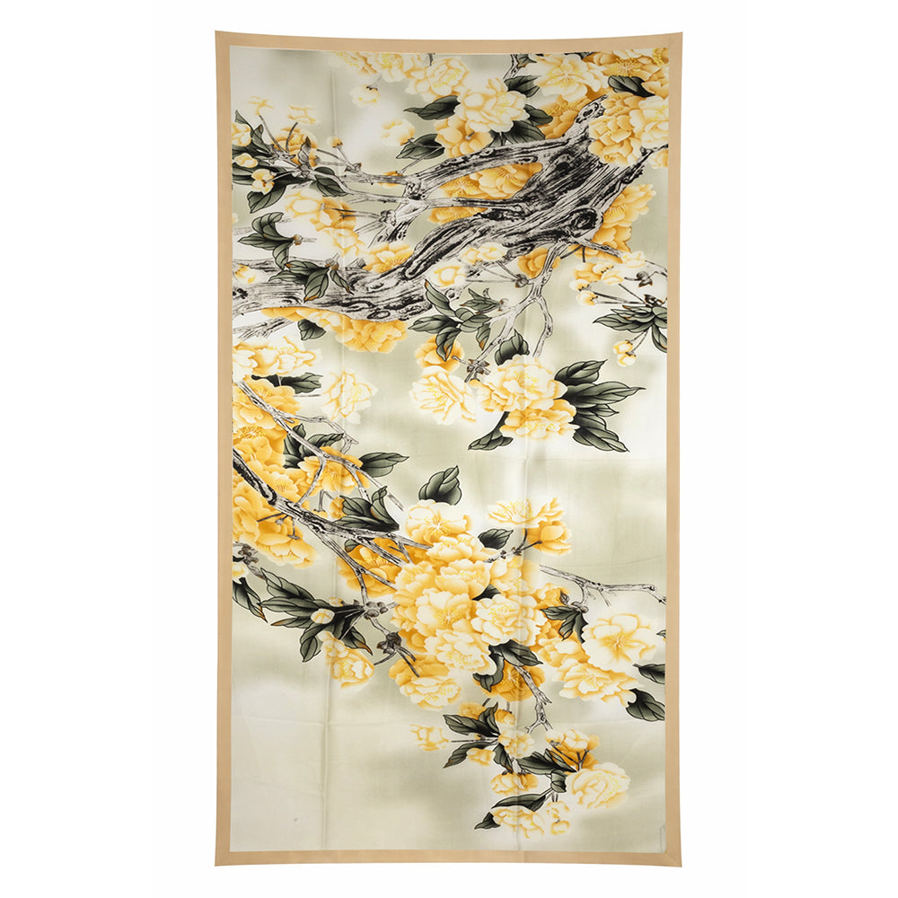 Bufanda con estampado de jardín floral, amarilla, 85 × 180 cm, 100 % seda vegana. 1 