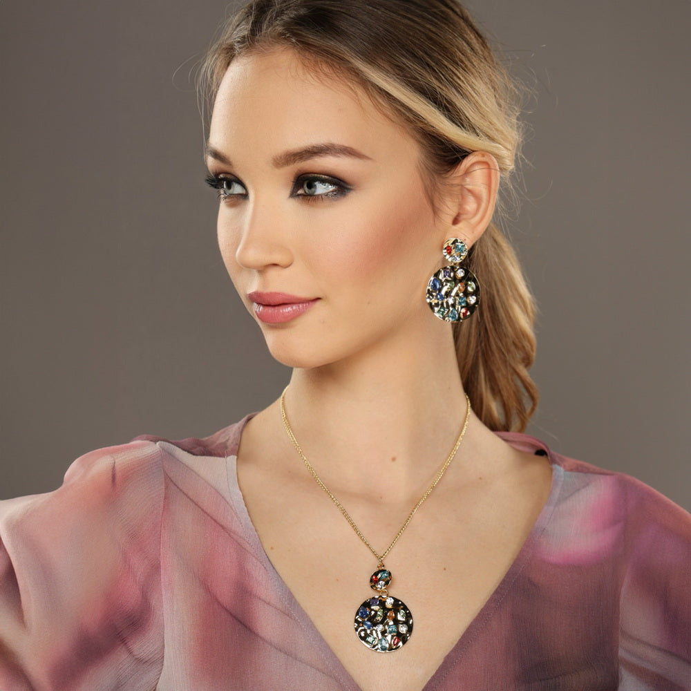Conjunto de Aleación Bañado en Oro con Cristal Emporia® Rojo y Cristal Emporia® Azul ( Collar +Pendientes +Colgante ) 2 
