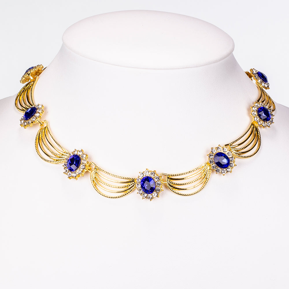 Conjunto de Aleación Bañado en Oro con Cristal Emporia® Azul y Cristal Emporia® Blanco ( Collar +Pendientes )