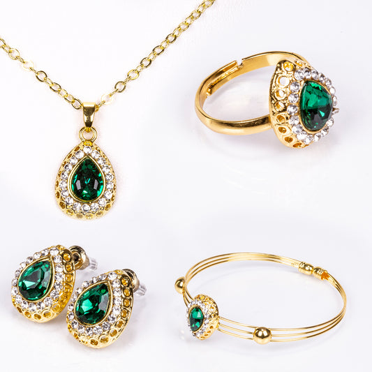 Conjunto de Aleación Bañado en Oro con Cristal Emporia® Verde y Cristal Emporia® Blanco ( Collar +Pendientes +Pulsera +Anillo +Colgante )