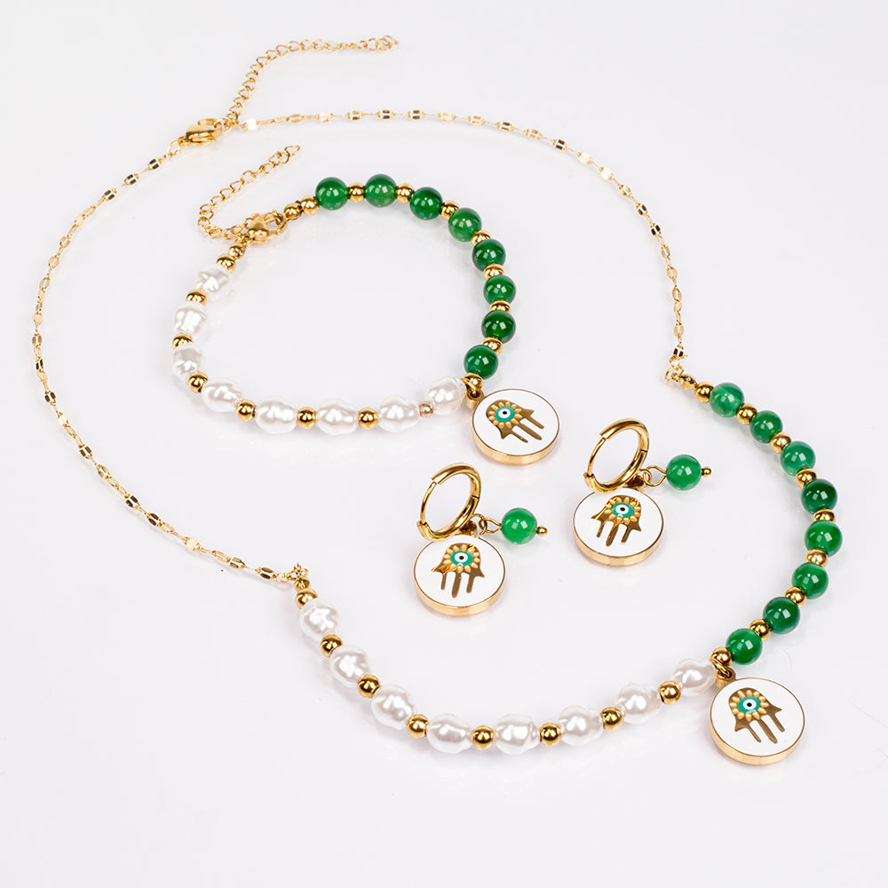 Conjunto de Aleación Bañado en Oro con Ágata Verde ( Collar +Pendientes +Pulsera ) 1 