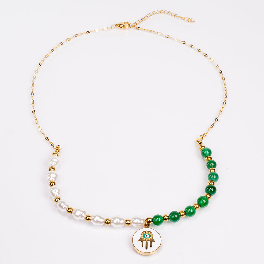 Conjunto de Aleación Bañado en Oro con Ágata Verde ( Collar +Pendientes +Pulsera ) 4 