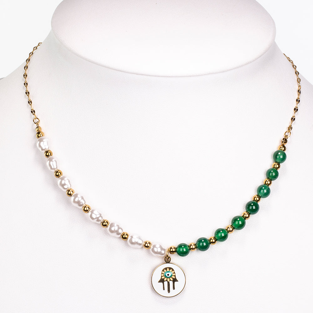 Conjunto de Aleación Bañado en Oro con Ágata Verde ( Collar +Pendientes +Pulsera ) 5 