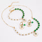 Conjunto de Aleación Bañado en Oro con Ágata Verde ( Collar +Pendientes +Pulsera )