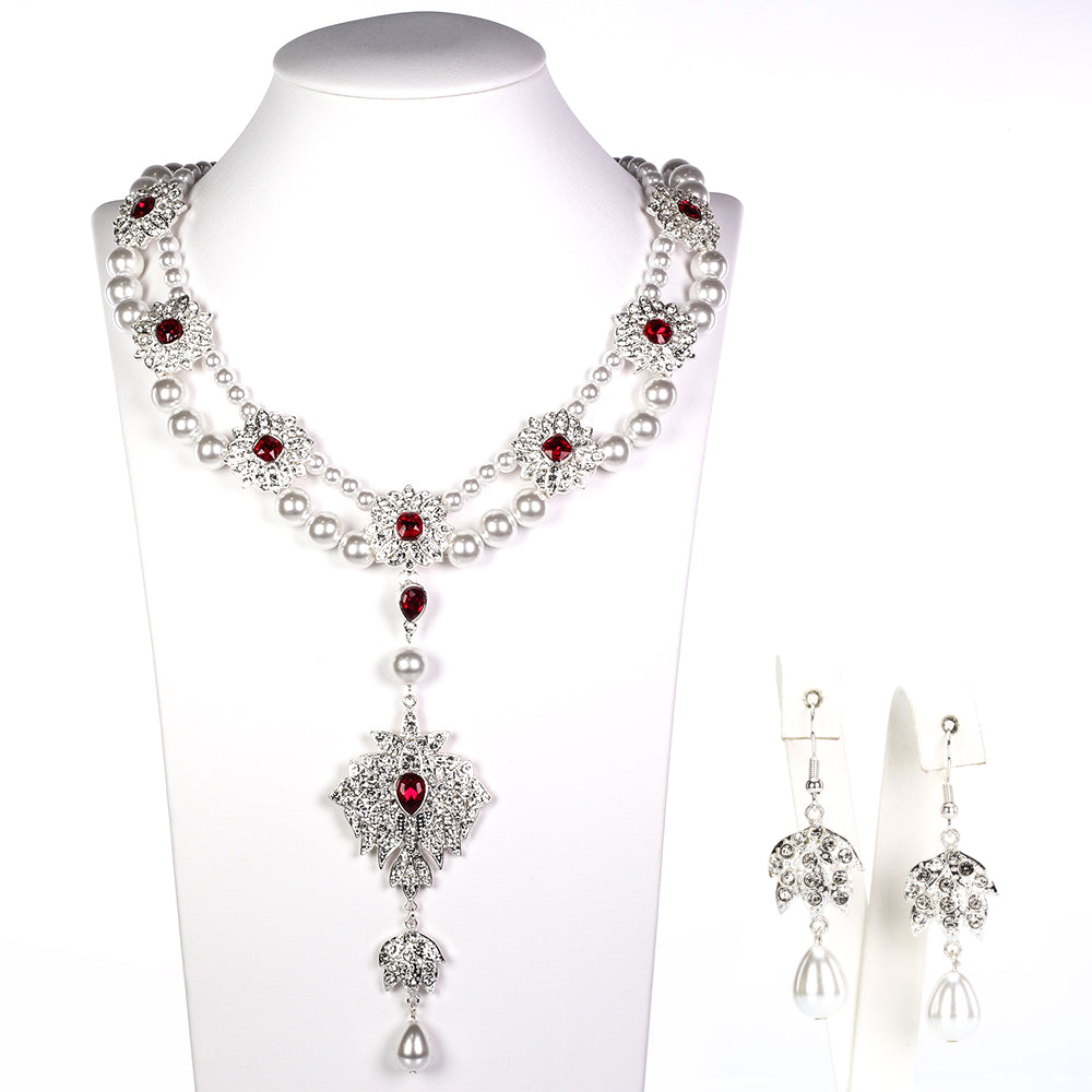 Conjunto de Aleación Bañado en Oro con Perla de cristal y Cristal Emporia® Blanco ( Collar +Pendientes ) 1 