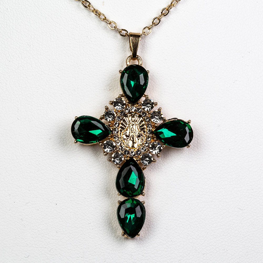 Cruz Collar de Aleación Bañado en Oro con Cristal Emporia® Verde y Cristal Emporia® Blanco