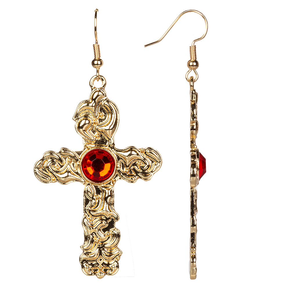 Cruz Conjunto de Aleación Bañado en Oro con Cristal Emporia® Rojo y Cristal Emporia® Blanco ( Collar +Pendientes +Colgante ) 2 