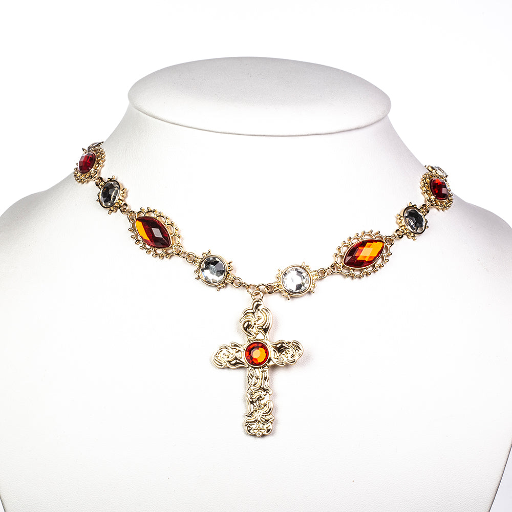 Cruz Conjunto de Aleación Bañado en Oro con Cristal Emporia® Rojo y Cristal Emporia® Blanco ( Collar +Pendientes +Colgante ) 4 