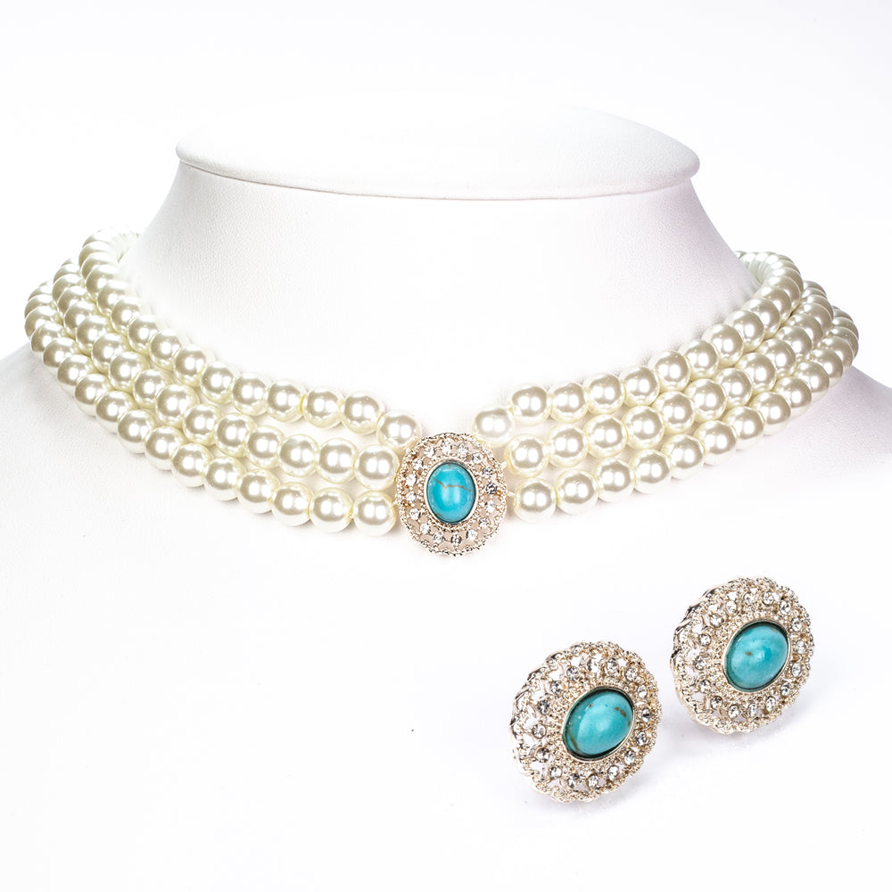 Conjunto de Aleación Bañado en Oro con Perla de cristal y Turquesa ( Collar +Pendientes ) 1 