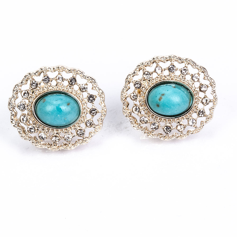 Conjunto de Aleación Bañado en Oro con Perla de cristal y Turquesa ( Collar +Pendientes ) 4 