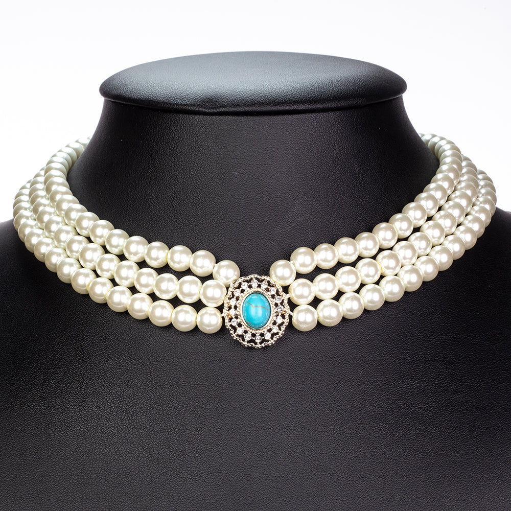 Conjunto de Aleación Bañado en Oro con Perla de cristal y Turquesa ( Collar +Pendientes ) 5 