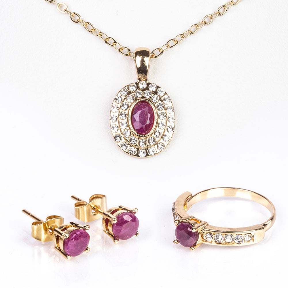 Conjunto de Aleación Bañado en Oro con Rubí y Cristal Emporia® Blanco ( Collar +Pendientes +Anillo +Colgante ) 1 