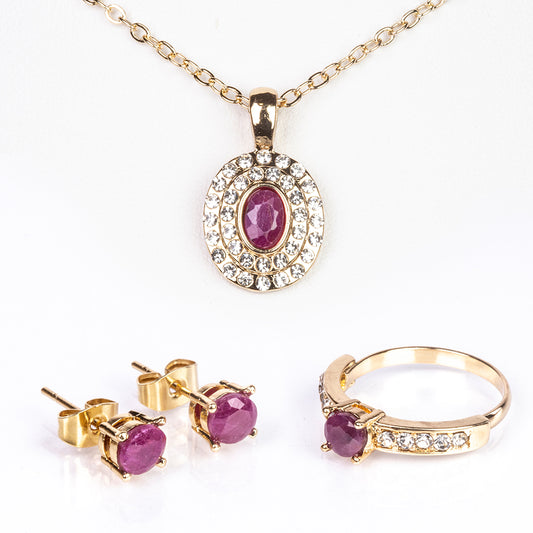 Conjunto de Aleación Bañado en Oro con Rubí y Cristal Emporia® Blanco ( Collar +Pendientes +Anillo +Colgante )
