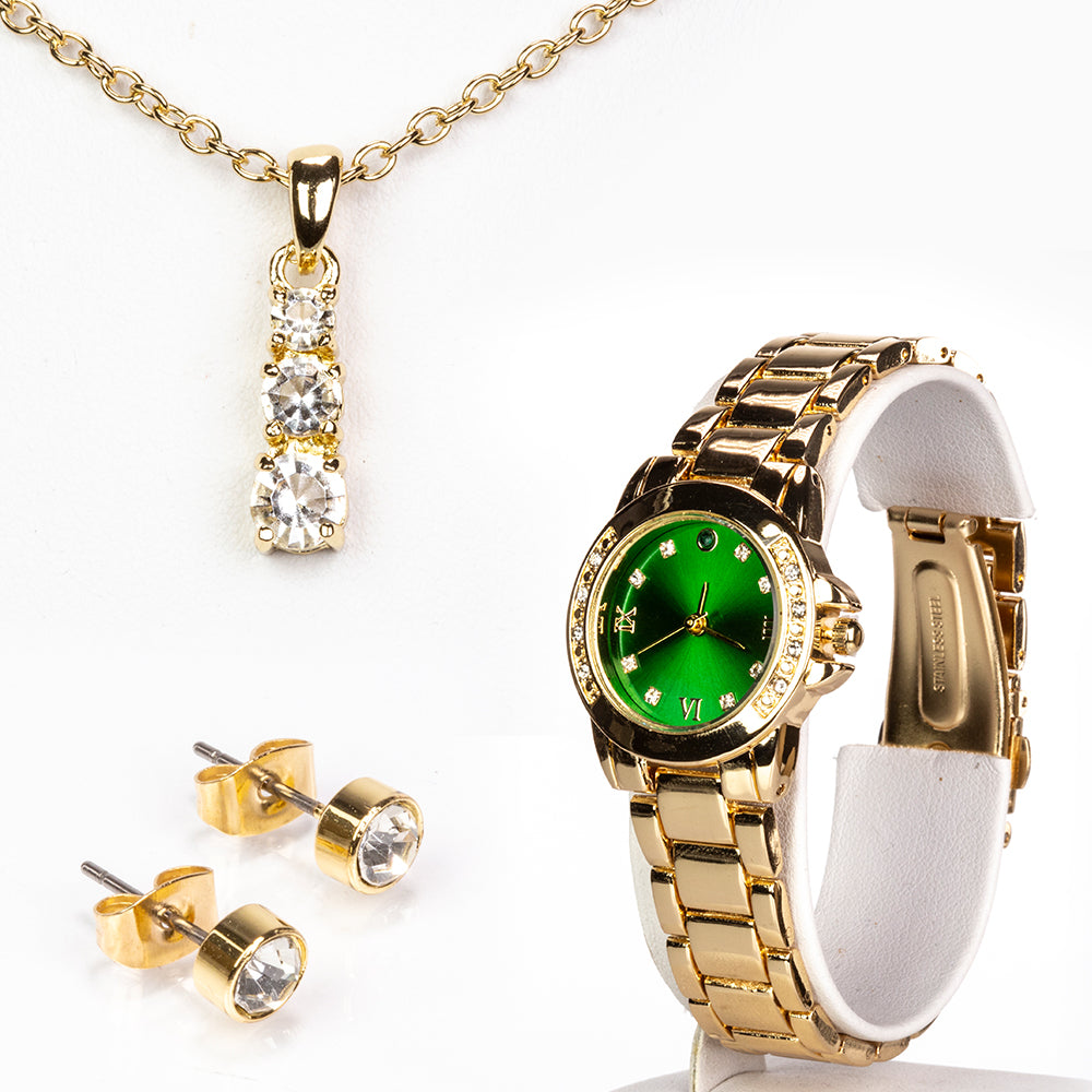 Reloj de Aleación Bañado en Oro con Esmeralda y Cristal Emporia® Blanco ( Collar +Pendientes +Colgante ) 1 