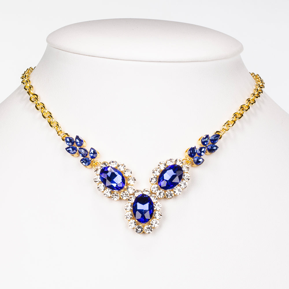 Conjunto de Aleación Bañado en Oro con Cristal Emporia® Azul y Cristal Emporia® Blanco ( Collar +Pendientes )