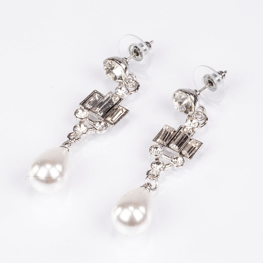 Conjunto de Aleación Bañado en Oro con Perla de cristal y Cristal Emporia® Blanco ( Collar +Pendientes )