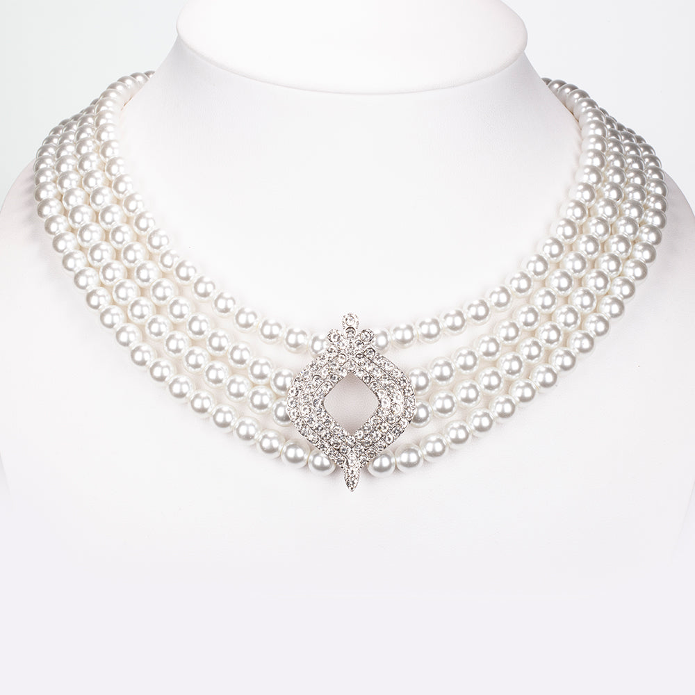 Conjunto de Aleación Bañado en Oro con Perla de cristal y Cristal Emporia® Blanco ( Collar +Pendientes ) 5 