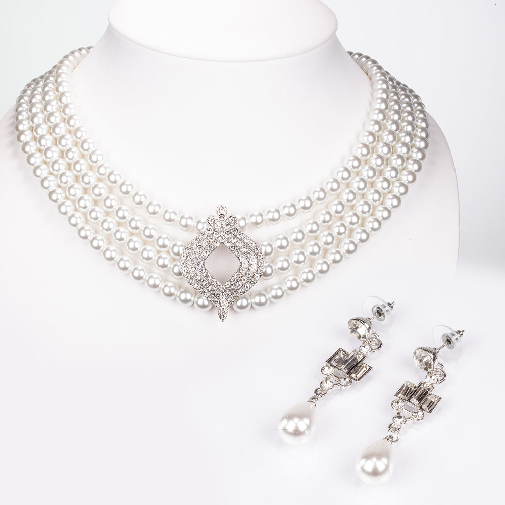 Conjunto de Aleación Bañado en Oro con Perla de cristal y Cristal Emporia® Blanco ( Collar +Pendientes )