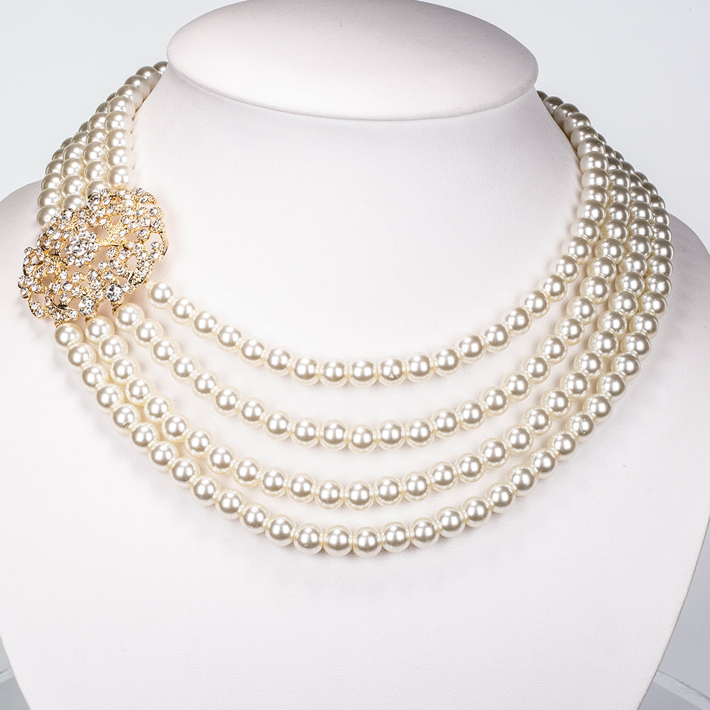 Conjunto de Aleación Bañado en Oro con Perla de cristal y Cristal Emporia® Blanco ( Collar +Pulsera ) 3 