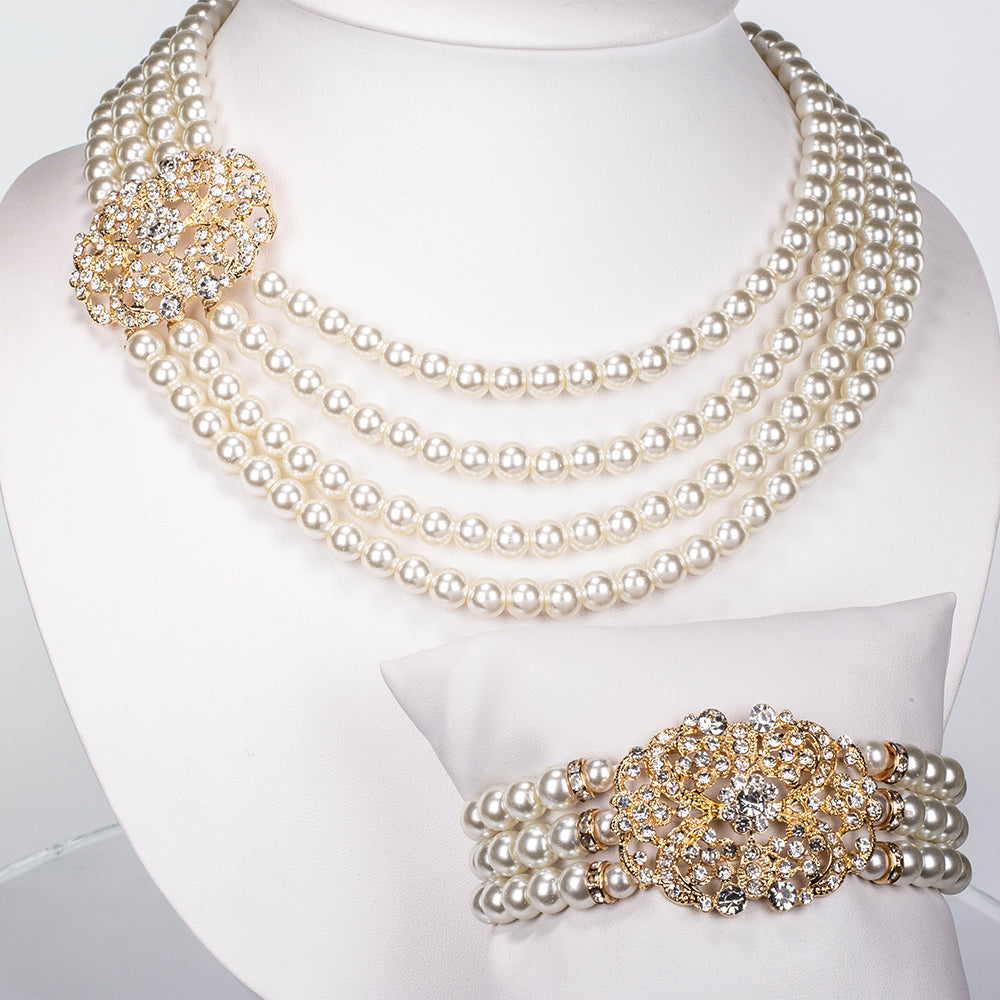 Conjunto de Aleación Bañado en Oro con Perla de cristal y Cristal Emporia® Blanco ( Collar +Pulsera ) 1 