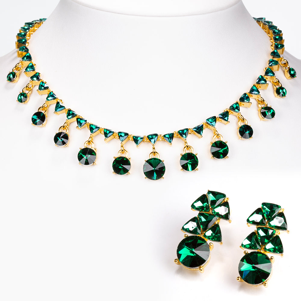 Conjunto de Aleación Bañado en Oro con Cristal Emporia® Verde ( Collar +Pendientes )