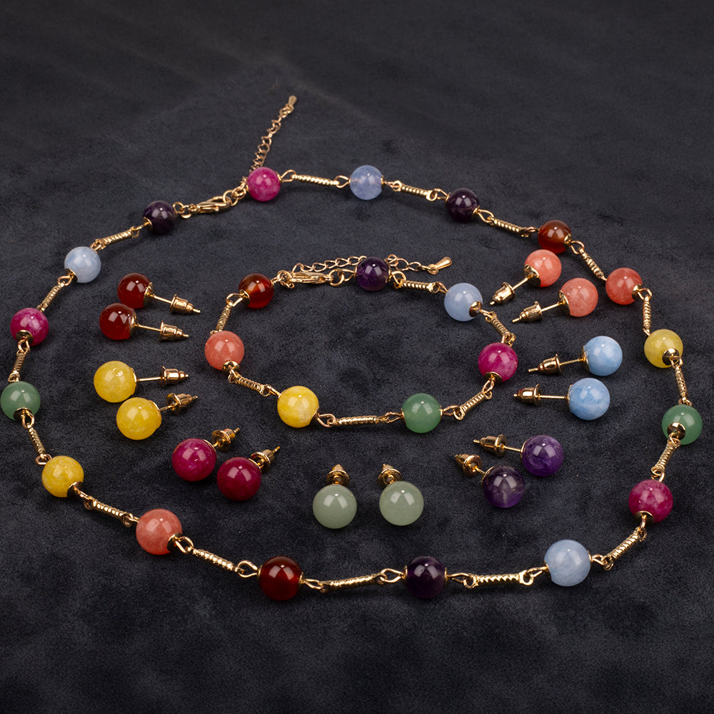 Conjunto de Aleación Bañado en Oro con Amatista y Jade ( Collar +Pendientes +Pulsera ) 1 