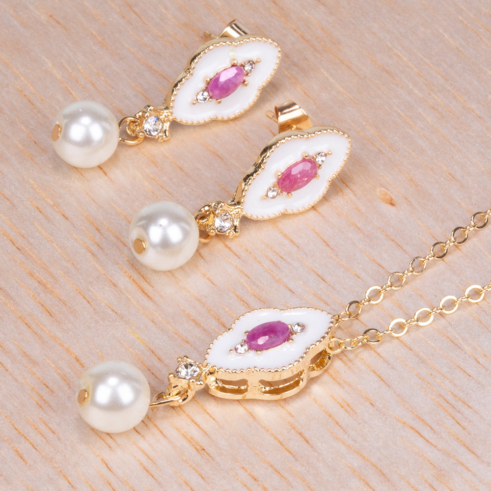 Conjunto de Aleación Bañado en Oro con Rubí y Perla de cristal ( Collar +Pendientes +Colgante )