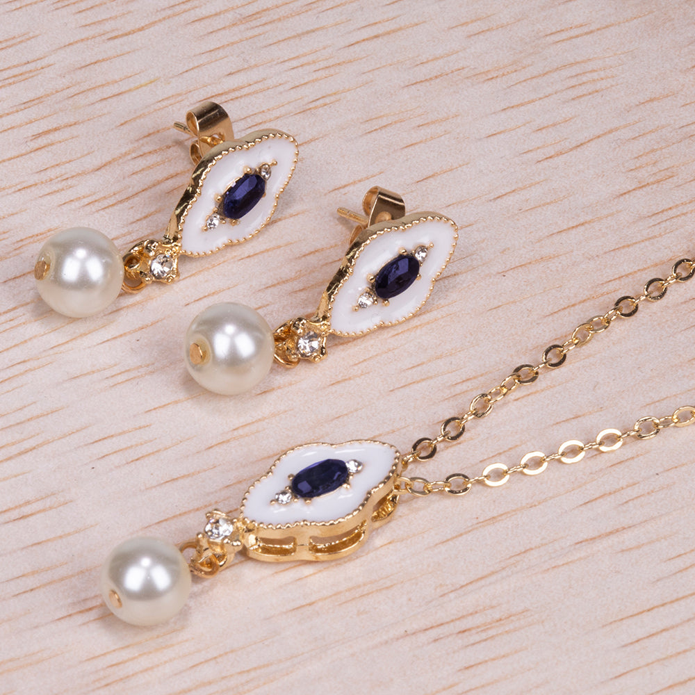 Conjunto de Aleación Bañado en Oro con Zafiro y Perla de cristal ( Collar +Pendientes +Colgante )