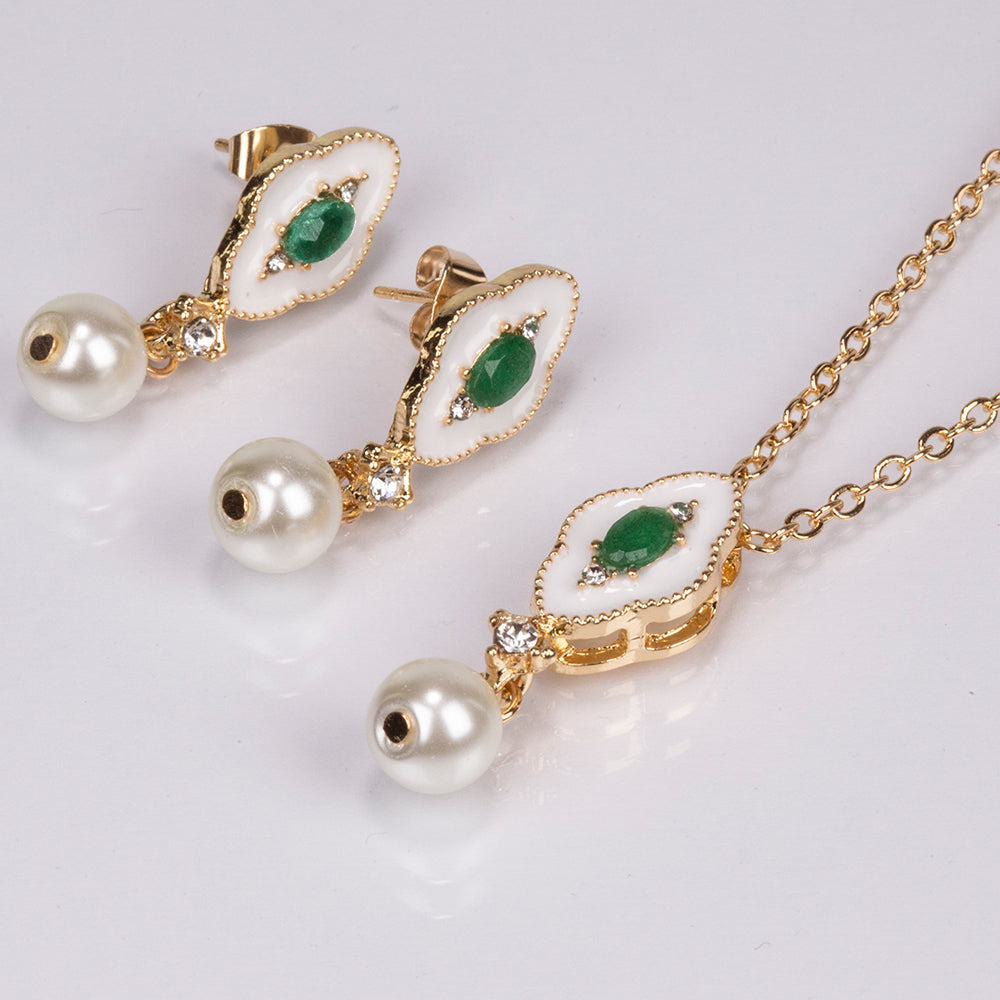 Conjunto de Aleación Bañado en Oro con Esmeralda y Perla de cristal ( Collar +Pendientes +Colgante ) 1 