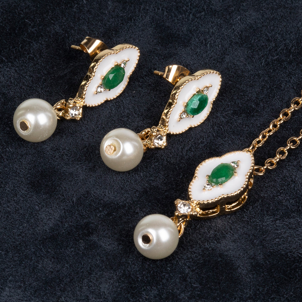 Conjunto de Aleación Bañado en Oro con Esmeralda y Perla de cristal ( Collar +Pendientes +Colgante ) 3 