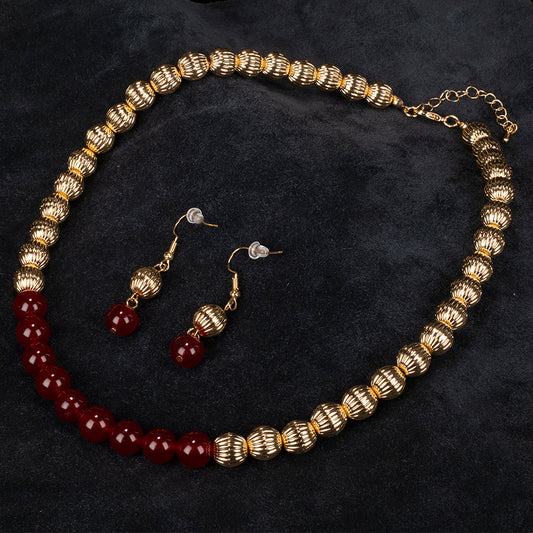 Conjunto de Aleación Bañado en Oro con Ágata Roja ( Collar +Pendientes )