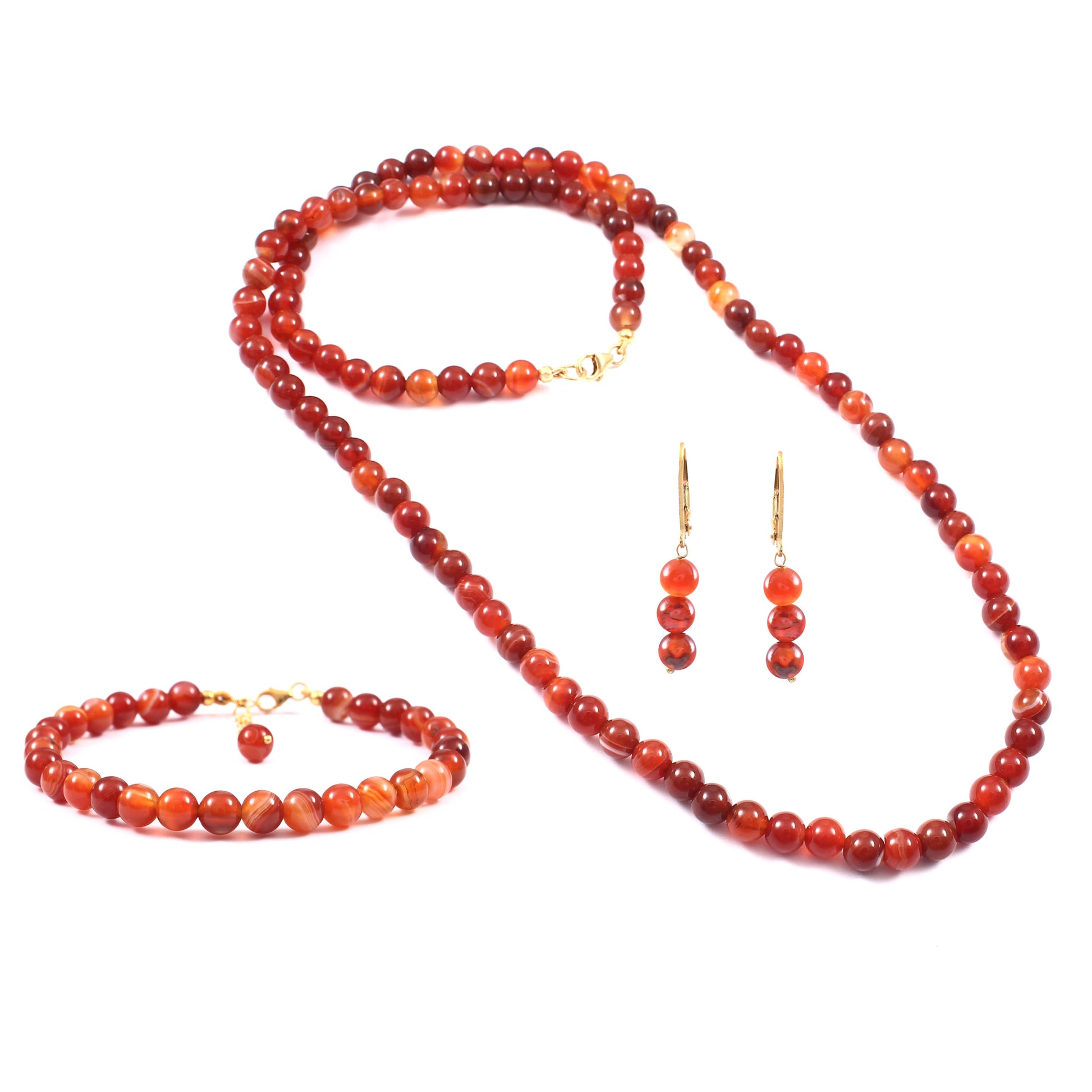 Conjunto de Plata Bañada en Oro con Ágata Roja ( Collar +Pendientes +Pulsera ) 1 