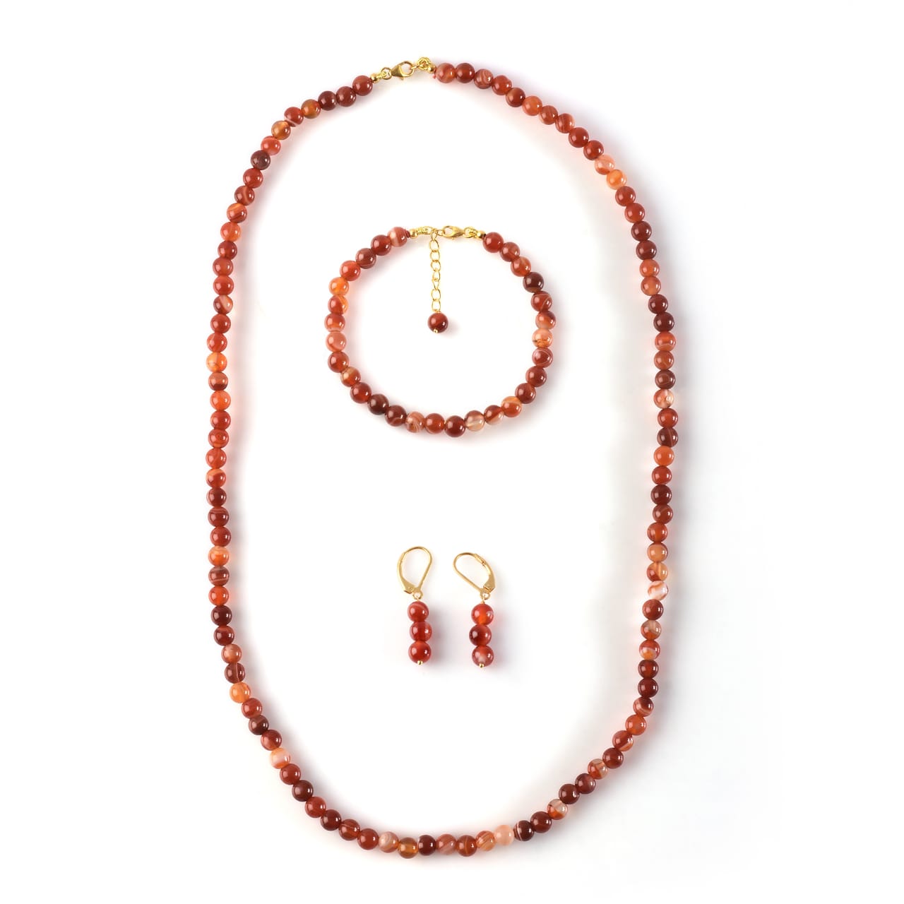 Conjunto de Plata Bañada en Oro con Ágata Roja ( Collar +Pendientes +Pulsera ) 12 
