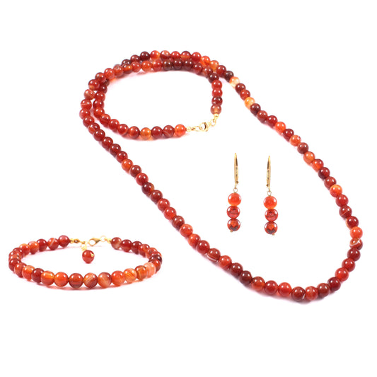 Conjunto de Plata Bañada en Oro con Ágata Roja ( Collar +Pendientes +Pulsera )
