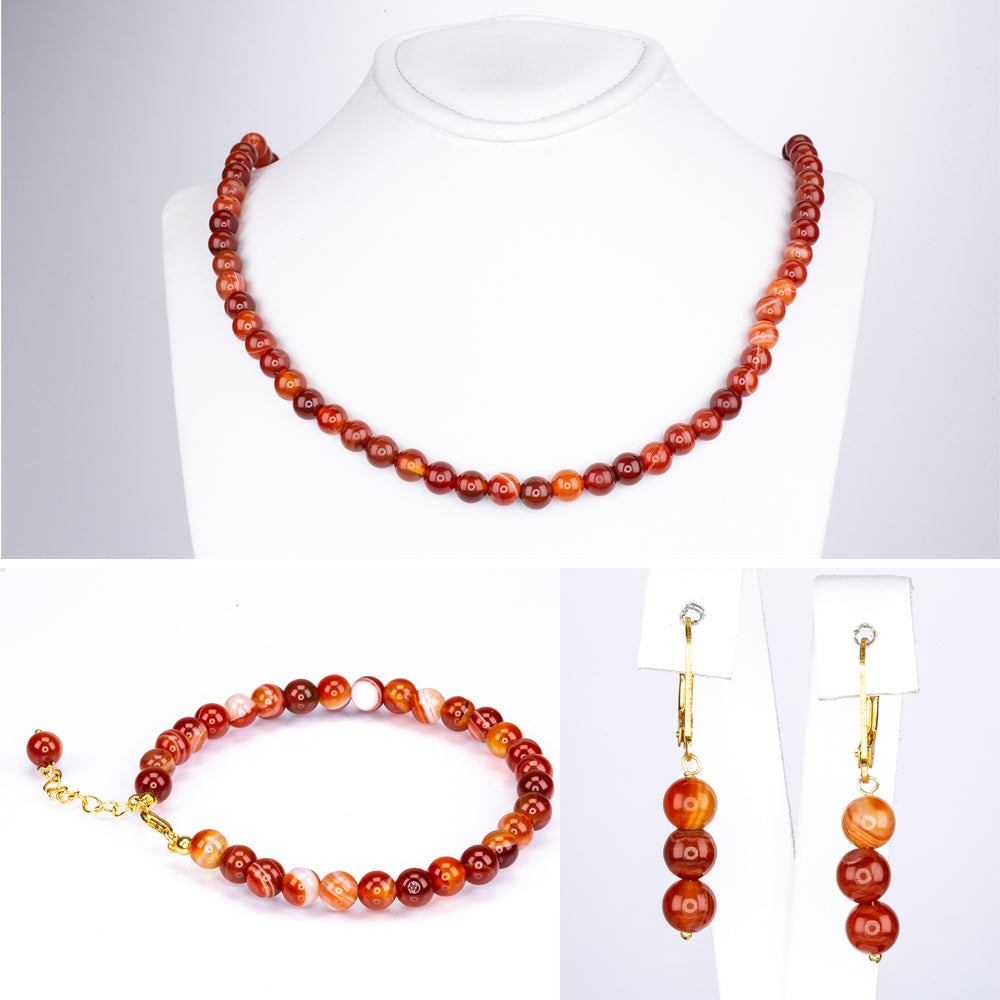 Conjunto de Plata Bañada en Oro con Ágata Roja ( Collar +Pendientes +Pulsera )