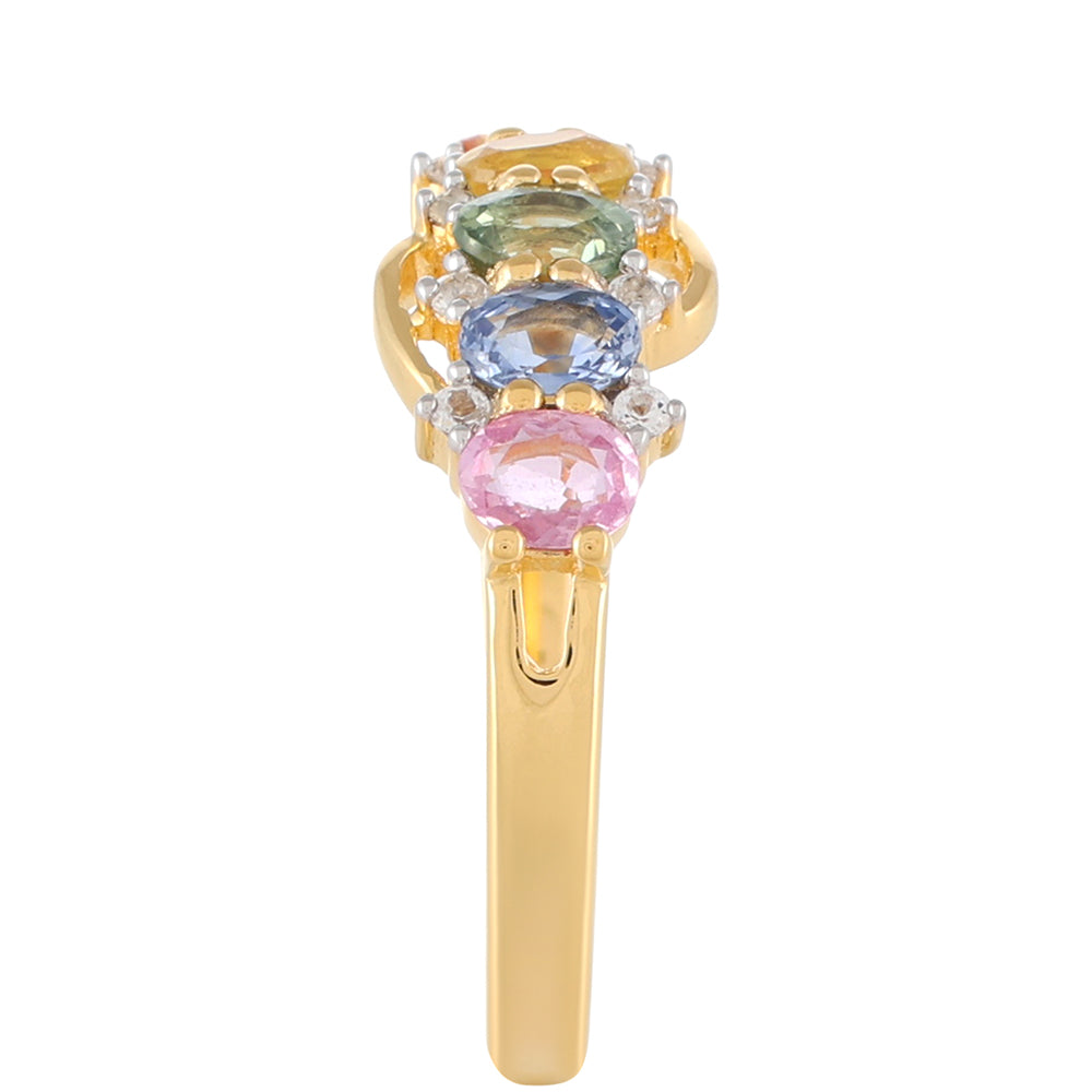 Anillo de Plata Bañada en Oro con Zafiro Arco Iris y Topacio Blanco 3 