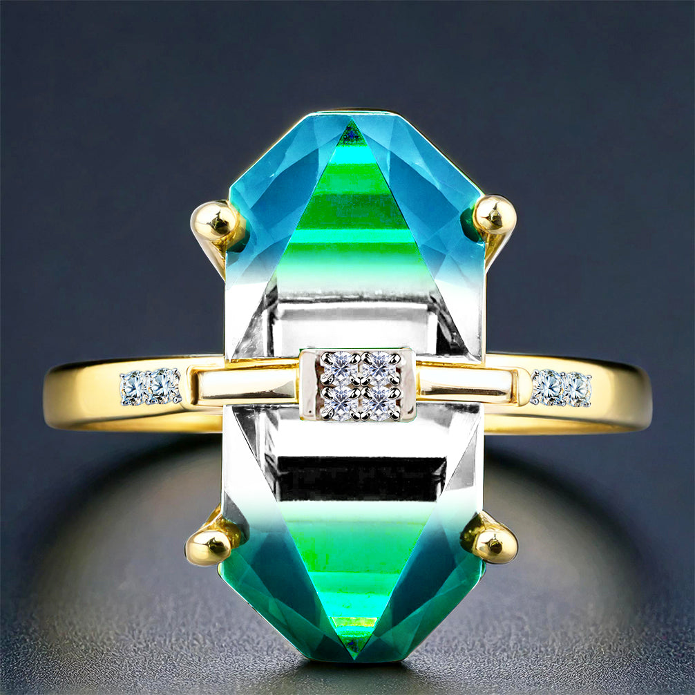 Anillo de Plata Bañada en Oro con Ónix Verde y Diamante blanco 1 
