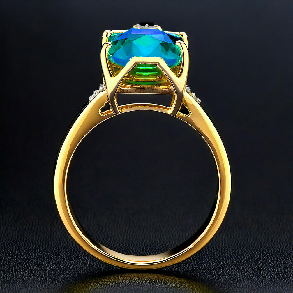 Anillo de Plata Bañada en Oro con Ónix Verde y Diamante blanco