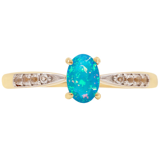 Anillo de Oro 9K con Ópalo Azul Paraiba de Etiopía y Topacio Blanco