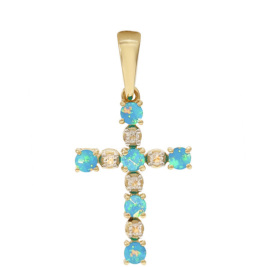 Cruz Colgante de Oro 9K con Ópalo Azul Paraiba de Etiopía y Topacio Blanco
