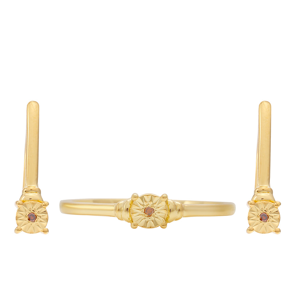 Conjunto de Plata Bañada en Oro con Diamante Rojo ( Pendientes +Anillo )
