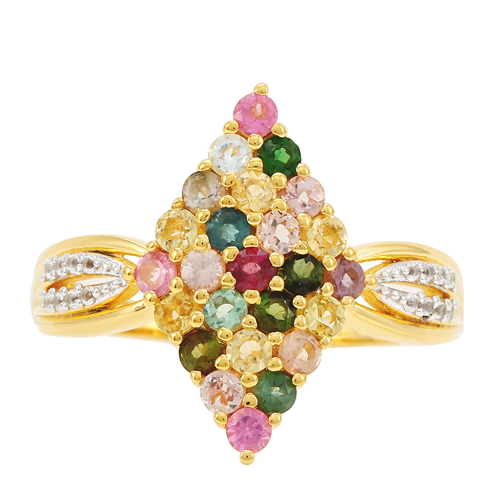Anillo de Plata Bañada en Oro con Turmalina Arco Iris Pelmadulla y Topacio Blanco 1 