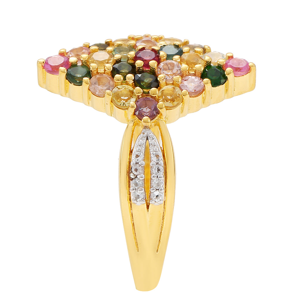 Anillo de Plata Bañada en Oro con Turmalina Arco Iris Pelmadulla y Topacio Blanco