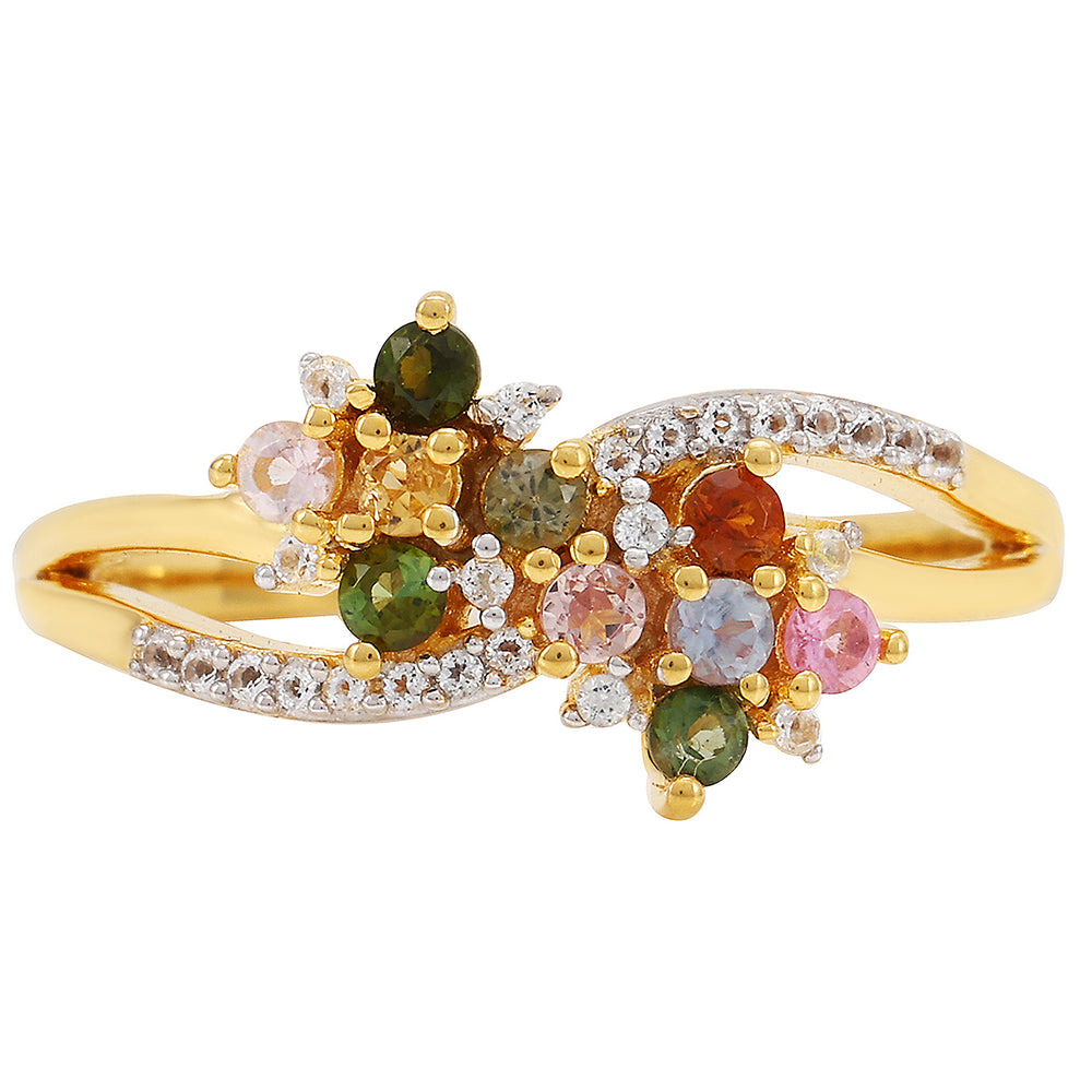 Anillo de Plata Bañada en Oro con Turmalina Arco Iris Pelmadulla y Topacio Blanco 1 